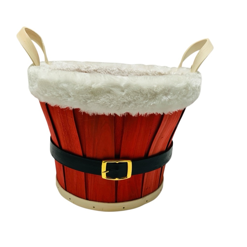 Santa Belt Basket Red with White Fur Trimmed Decorative Wood Basket